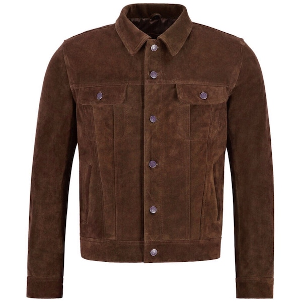 Blouson camionneur en daim marron foncé pour hommes : style denim western