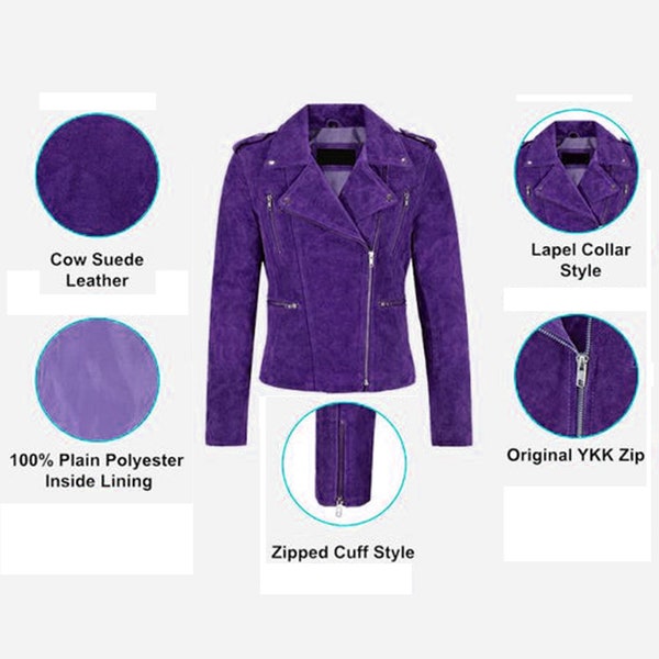 BOMBER BIKER New Women's Purple Suede Jacket 100% Soft Sheepskin Moto Biker Jacket, Western Buckskin Jacket