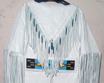 White Leather Fringe Dress with Beaded Details | Native American Powwow Regalia