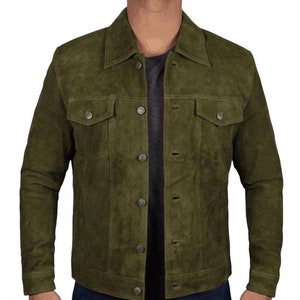 Mens Olive Green Suede Leather Shirt - Handmade Cowhide Jacket Denim Style Shirt, Trucker Suede Jacket