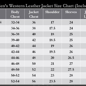 May include: A size chart for men's western leather jackets, showing measurements in inches for different sizes, including body chest, jacket chest, shoulder, sleeves, and jacket length.