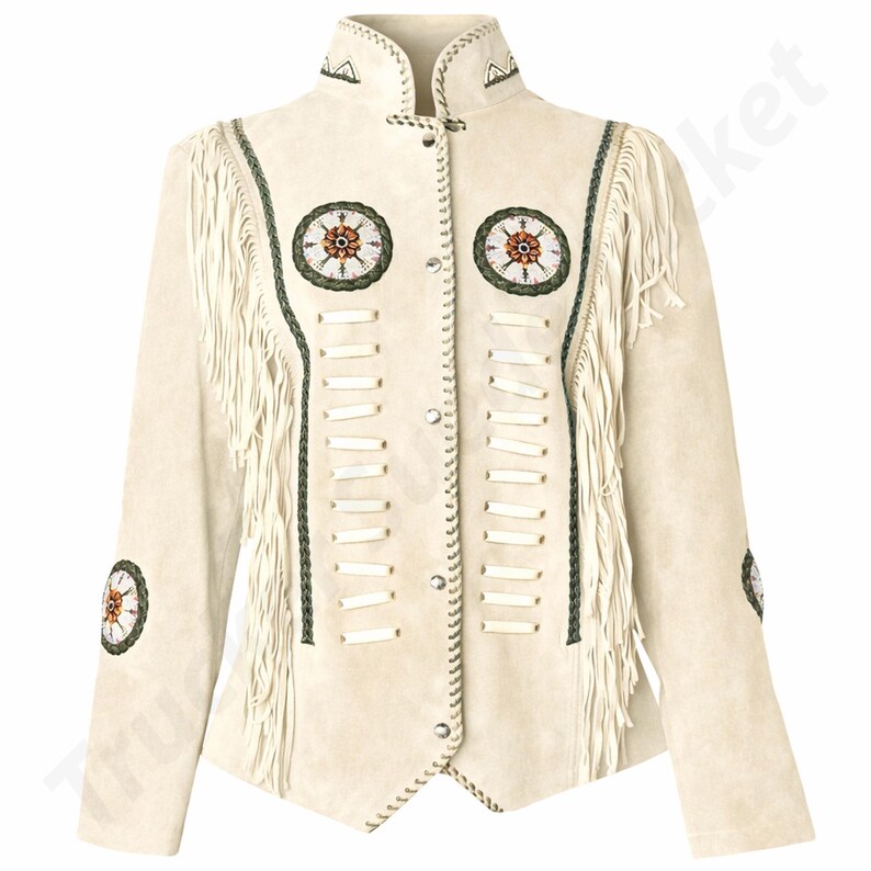 Handmade beaded western fringe leather jacket for women crafted from genuine suede leather, featuring boho cowgirl style with detailed beadwork and flowing fringe. This suede festival coat offers a statement look perfect for rodeo events, concerts, and everyday fashion. A premium leather jacket women love for its unique handmade braided detailing, soft texture, and stylish western design that blends comfort, durability, and standout boho western appeal.