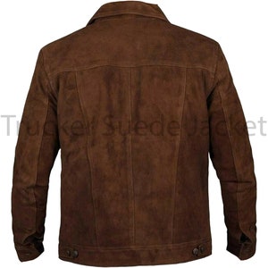 Men's Classic Trucker Dark Brown Suede Leather Jacket Denim Style Western Real Suede Leather Jacket zdjęcie 5