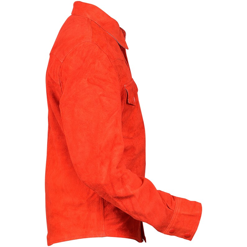 May include: A bright orange suede shirt with a button-down collar and long sleeves. The shirt has a single chest pocket and button cuffs.