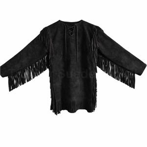 May include: Black suede tunic with long sleeves and fringe detailing. The tunic has a lace-up neckline and fringe along the sleeves and hem. The garment is displayed flat against a white background.