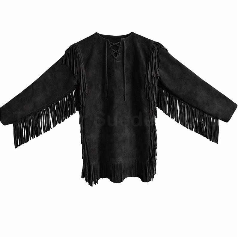 Men’s suede jacket war shirt with fringe in native western tunic style, handcrafted from premium suede leather. This men’s suede war shirt features a bold tribal inspired design, western silhouette, and flowing fringe detailing for a rugged cowboy and boho look. Ideal as a festival mens wear jacket, western suede shirt, or statement tribal mens jacket. Soft polyester lining inside provides comfort, durability, and easy layering for casual or western outfits.