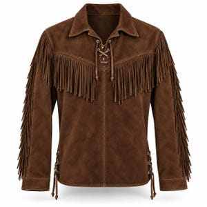 May include: A brown suede jacket featuring long fringe detailing across the chest and down the full length of the sleeves. The garment includes a lace-up front closure with metal eyelets and matching lace-up side details at the hemline.