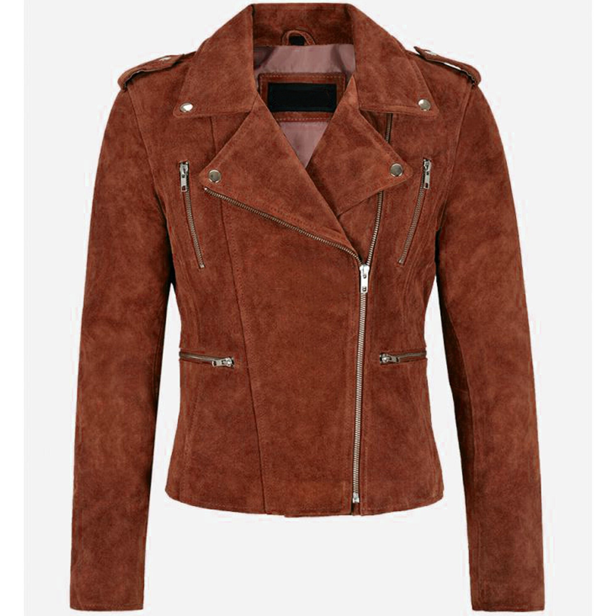 Classic Women’s Reddish Brown Suede Biker Jacket – Stylish Zippered Leather Coat for Women, Perfect for Casual Fashion and Motorcycle Wear