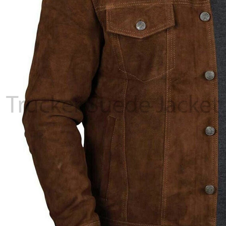 Men's Classic Trucker Dark Brown Suede Leather Jacket Denim Style Western Real Suede Leather Jacket zdjęcie 3