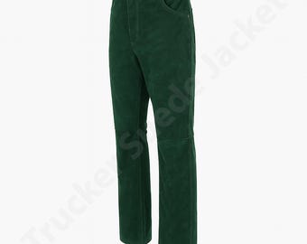 Mens Green Suede Leather Pants Western Cowboy Style Straight Fit Handmade