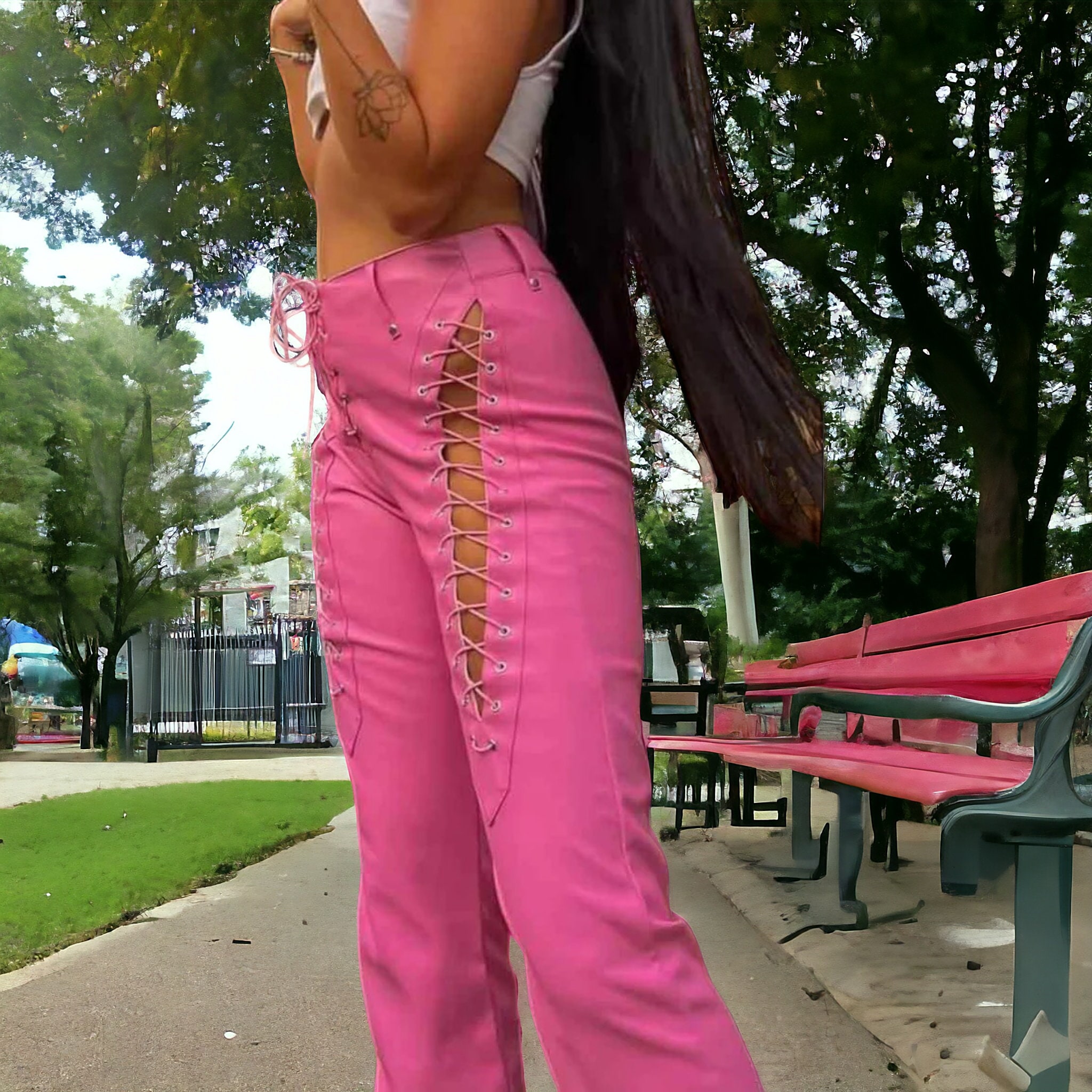 パンツ treat urself lace up frill pants (pink) treat urself lace up frill pants (pink)