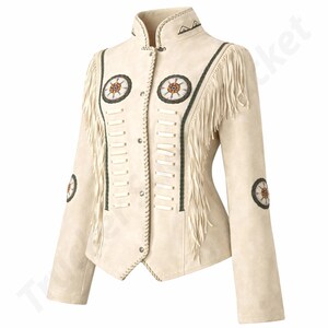 Close-up of handmade beaded fringe leather jacket showcasing intricate craftsmanship on genuine suede leather. This cowgirl suede jacket highlights detailed beadwork, braided accents, and soft fringe movement, making it a perfect statement coat for women. Ideal for western style outfits, festival wear, and boho fashion lovers, this beaded fringe coat combines luxury materials with artisanal design for a bold and elegant look.