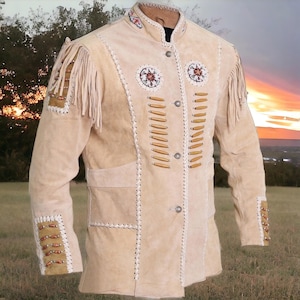 Native American Cowboy Leather Jacket Coat With Fringes Men's Traditional Native Indian Suede Leather Western Jacket