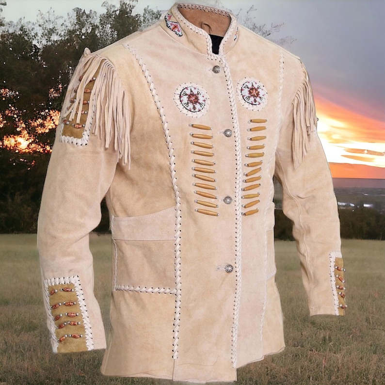 Native American Cowboy Leather Jacket Coat With Fringes Men's Traditional Native Indian Suede Leather Western Jacket