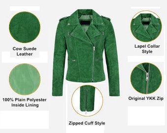 Classic New Women's Green Suede Leather Jacket Soft Cowhide Moto Biker Jacket, Chaqueta de ante de moto