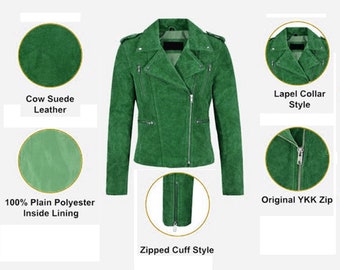 Giacca da motociclista in morbida pelle bovina verde classica da donna nuova in pelle scamosciata, Chaqueta de ante de moto