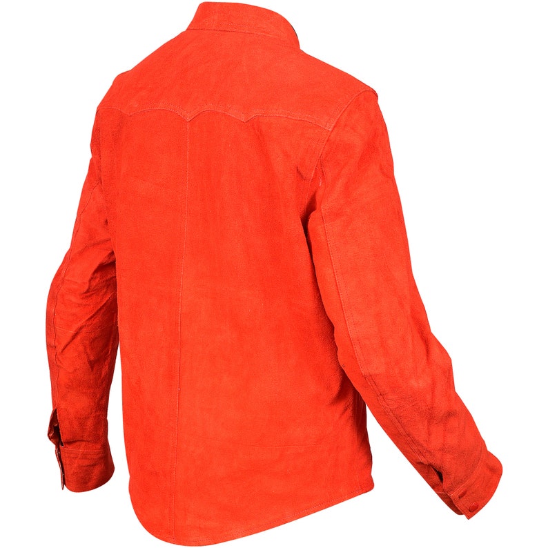 May include: A bright orange long-sleeved shirt with a button-up collar and a single chest pocket.