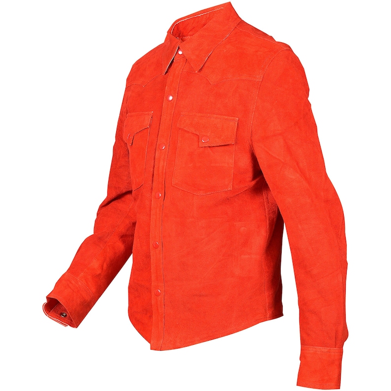 May include: A bright orange suede long-sleeve shirt with a button-down front and two chest pockets.
