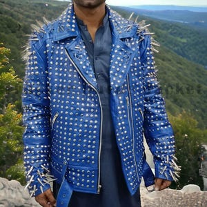 Blouson moto punk rock en cuir à clous longs pour hommes, veste motard en cuir cloutée, veste motard cloutée argentée à la mode