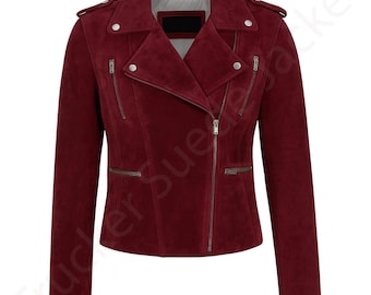 Women’s Burgundy Suede Biker Jacket – Real Cowhide Leather Moto Style Coat