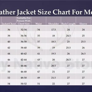 Puede incluir: Una tabla de tallas de chaquetas de cuero para tallas XXS a 5XL. La tabla enumera las medidas de pecho de la chaqueta, contorno de pecho, cintura, hombro, largo de espalda, manga y pu&ntilde;o en cm. El texto "Leather Jacket Size Chart For Men" est&aacute; en la parte superior.