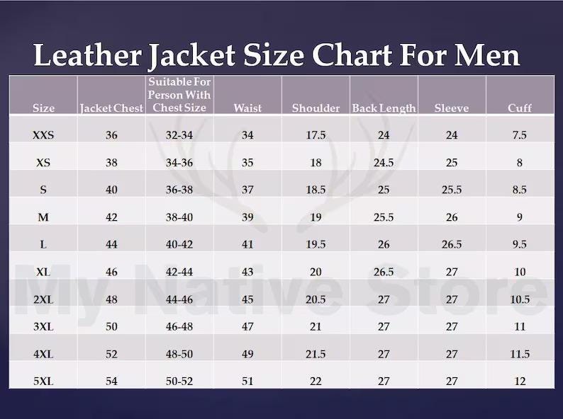 Puede incluir: Una tabla de tallas de chaquetas de cuero para tallas XXS a 5XL. La tabla enumera las medidas de pecho de la chaqueta, contorno de pecho, cintura, hombro, largo de espalda, manga y pu&ntilde;o en cm. El texto "Leather Jacket Size Chart For Men" est&aacute; en la parte superior.