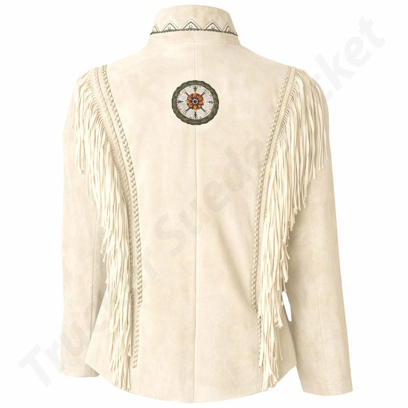 Full view of handmade suede festival jacket for women in boho western style, featuring genuine suede leather, beaded fringe detailing, and a flattering silhouette. This western fringe jacket is designed as a statement piece for festivals, rodeos, and casual wear. With silk lining and handcrafted braided elements, this women suede jacket offers comfort, premium quality, and a standout cowgirl look perfect for modern boho fashion styling.