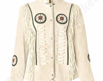 Handmade Beaded Western Fringe Leather Jacket Womens Boho Cowgirl Suede Festival Statement Coat Style