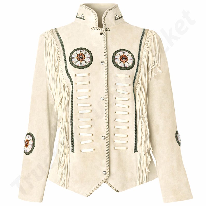 Handmade beaded western fringe leather jacket for women crafted from genuine suede leather, featuring boho cowgirl style with detailed beadwork and flowing fringe. This suede festival coat offers a statement look perfect for rodeo events, concerts, and everyday fashion. A premium leather jacket women love for its unique handmade braided detailing, soft texture, and stylish western design that blends comfort, durability, and standout boho western appeal.
