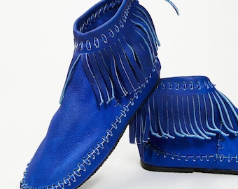Handgefertigte Blaue Leder Mokassins: Fransen Ankle Boots, Boho Festival Schuhe