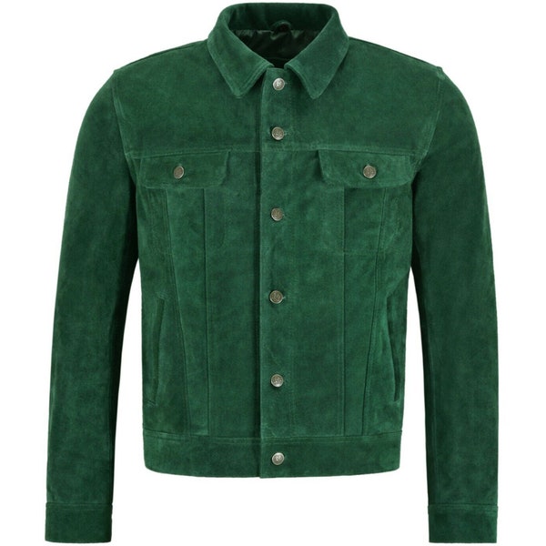 Mens Green Suede Leather Shirt - Handmade Sheepskin Jacket Denim Style Shirt, Trucker Suede Jacket