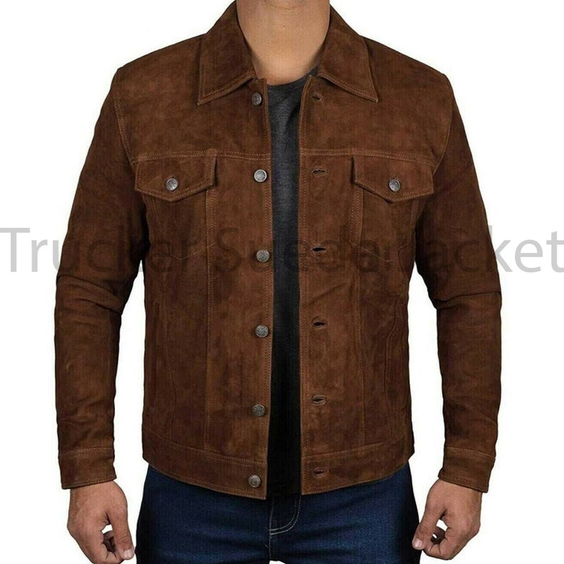 Men's Classic Trucker Dark Brown Suede Leather Jacket Denim Style Western Real Suede Leather Jacket zdjęcie 2