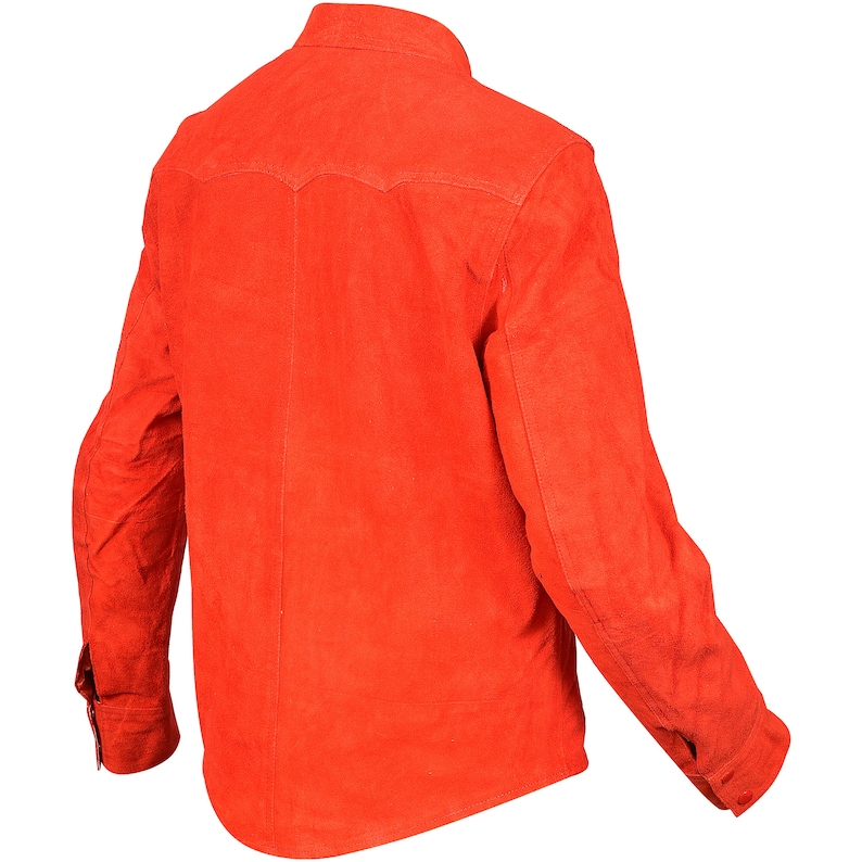 May include: A bright orange long-sleeved shirt with a button-up collar and a single chest pocket.