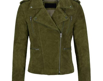 New Women&#39;s Biker Suede Leather Jacket Olive Suede Classic Fashion Casual Jacket, Chaqueta de ante en marrón oscuro