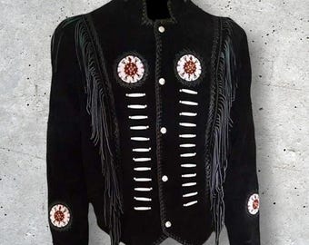 Men’s Traditional Native Suede Fringe Jacket with Bone & Beaded Details Western Cowboy Coat