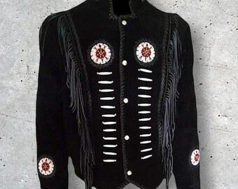 thumbnail image 2 of Lums Men's Native American Western Cowboy Suede Leather Jacket - Fringes & Beaded - Brown, Sizes XXS To 5XL, Made In Pakistan 2 of 6