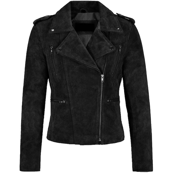 Women's Suede Biker Jacket: Classic Black Leather With YKK Zip - Etsy