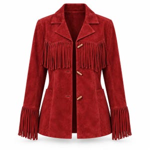 May include: A deep red suede jacket featuring long fringe detailing across the chest and on the cuffs of the sleeves. The jacket has a notched collar, long sleeves, and is fastened down the front with three light-colored wooden toggle closures.