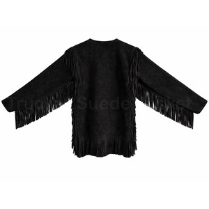 Back view of men’s suede jacket war shirt showcasing fringe details and smooth suede leather texture. This native western tunic style jacket highlights handcrafted workmanship, western fringe styling, and tribal inspired fashion. Designed as a suede war shirt jacket for men, suitable for festival wear, cowboy outfits, and boho western looks. Inner polyester lining ensures comfort while maintaining the rugged appearance of a premium suede leather jacket.