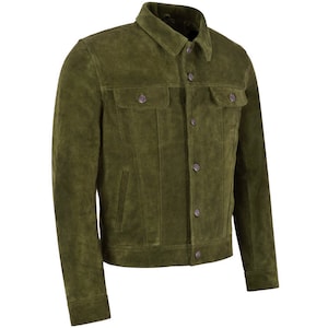 May include: A green suede jacket with a button-up front and two flap pockets.