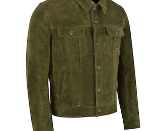 Mens Olive Green Suede Trucker Jacket - Handmade Sheepskin Leather Shirt