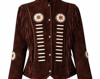 Beaded Western Leather Fringe Jacket Women Boho Native Style Suede Cowgirl Coat