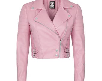 Pink Cropped Leather Biker Jacket for Women | Moto Style Slim Fit Coat