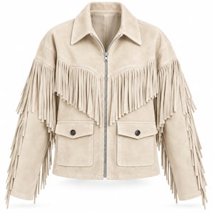 May include: A beige suede jacket featuring a full-length front zip, a pointed collar, and long sleeves. The garment is detailed with extensive fringe trim across the chest and down the length of each sleeve, along with two buttoned pockets.