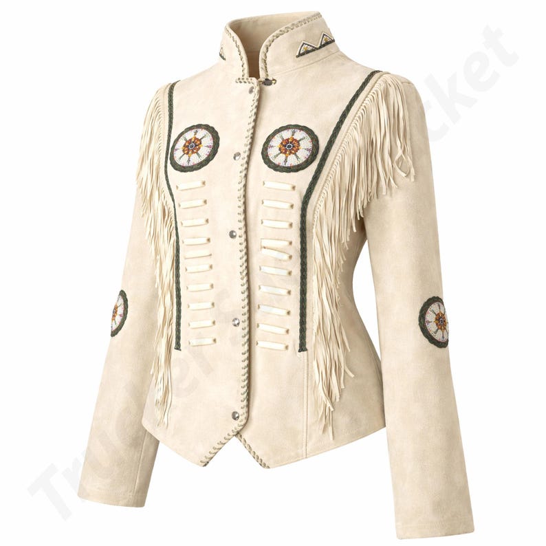 Close-up of handmade beaded fringe leather jacket showcasing intricate craftsmanship on genuine suede leather. This cowgirl suede jacket highlights detailed beadwork, braided accents, and soft fringe movement, making it a perfect statement coat for women. Ideal for western style outfits, festival wear, and boho fashion lovers, this beaded fringe coat combines luxury materials with artisanal design for a bold and elegant look.
