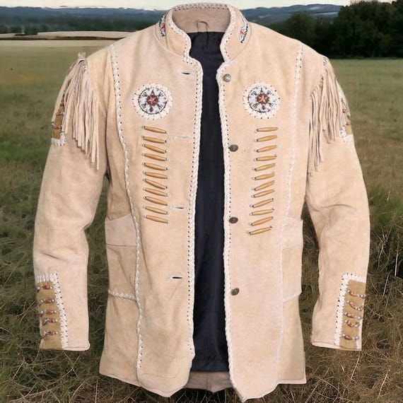 Men’s Native Western Suede Jacket Fringed Cowboy Leather Coat Beaded Style
