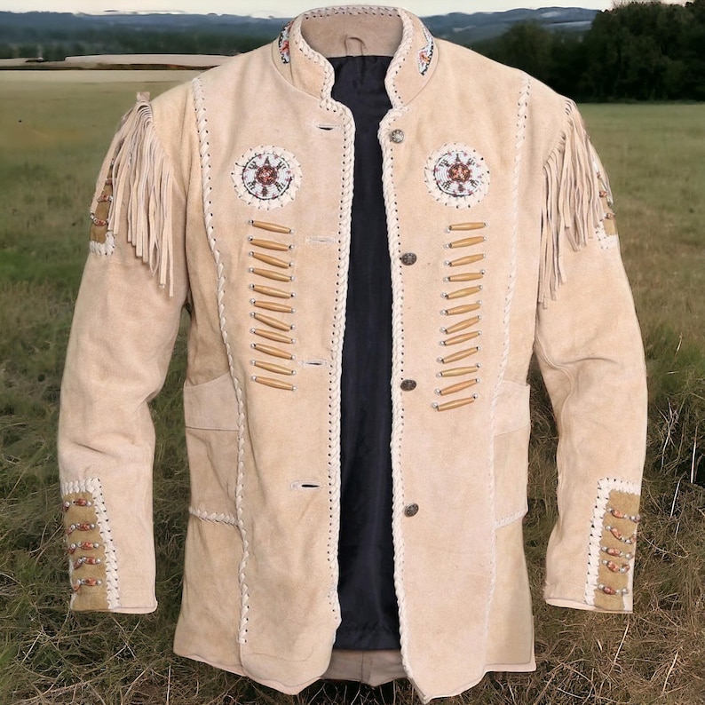 Native American Cowboy Leather Jacket Coat With Fringes Men's Traditional Native Indian Suede Leather Western Jacket