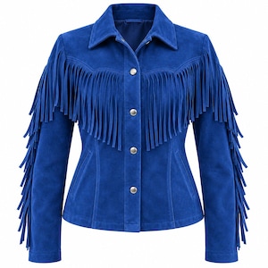May include: A vibrant royal blue jacket featuring long fringe detailing across the chest, back, and down the length of both sleeves. The jacket includes a classic collar, a front button-down closure with silver-toned metal snaps, and two side pockets.