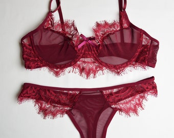 Red Lace Embroidered Underwire Bra & Thong Lingerie Set