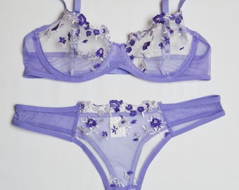 Lilac Lace Floral Embroidered Underwire Bra & Thong Lingerie Set